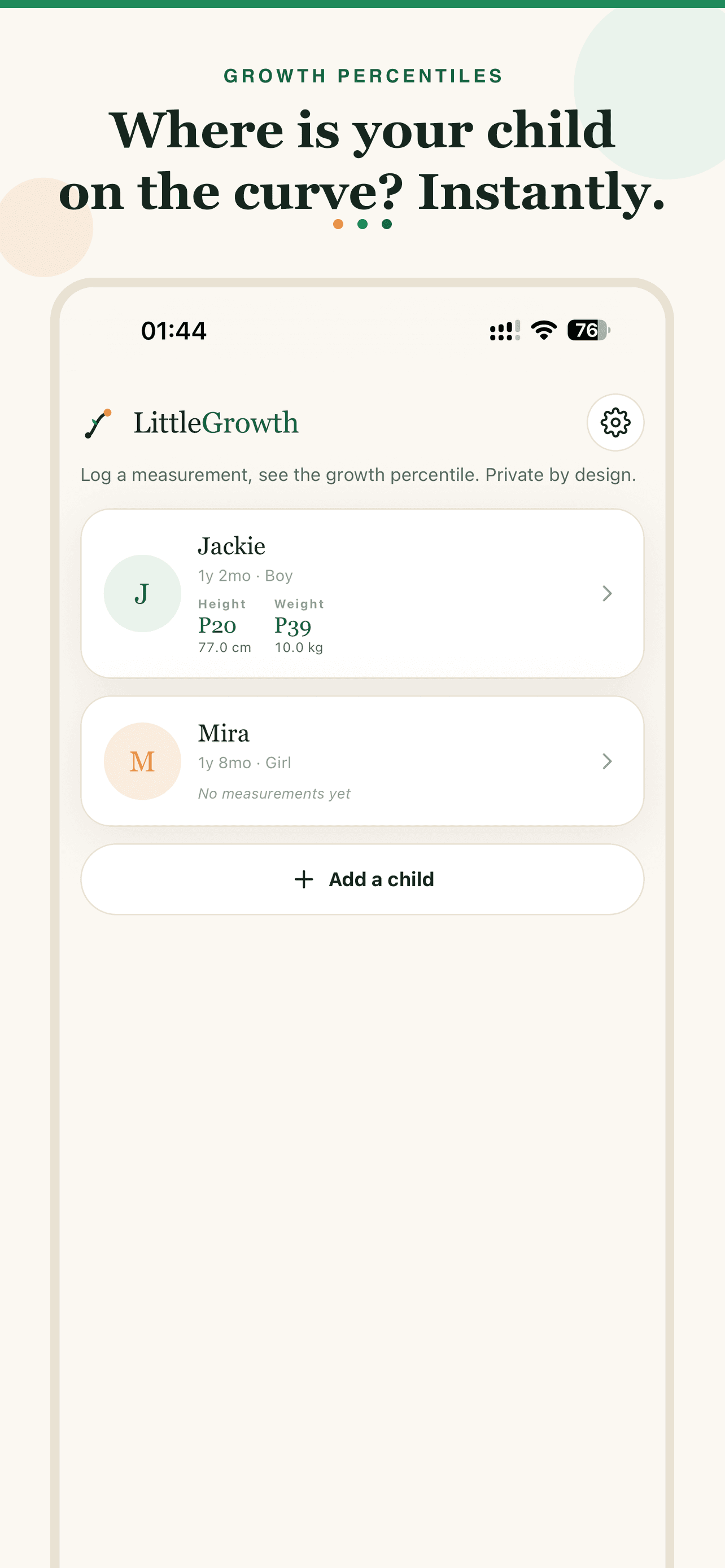 LittleGrowth children list showing growth percentiles for each child
