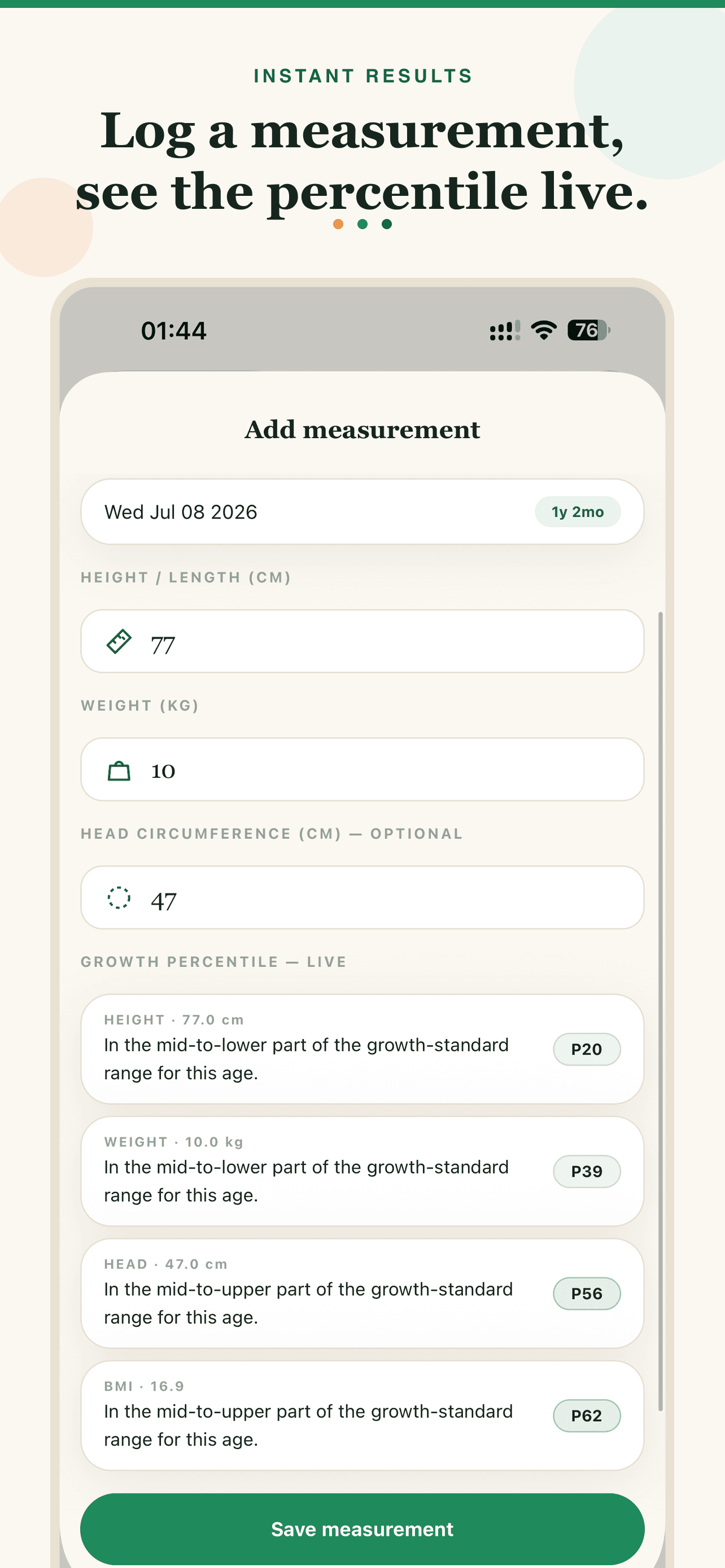LittleGrowth add-measurement screen with live height, weight, head, and BMI percentiles