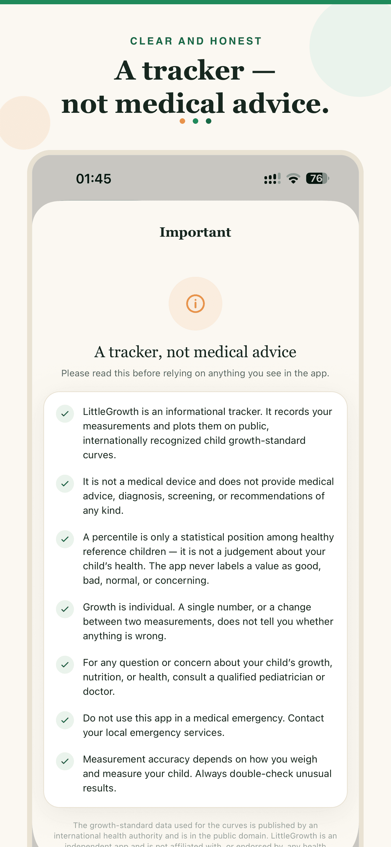 LittleGrowth important notice that the app is a tracker, not medical advice