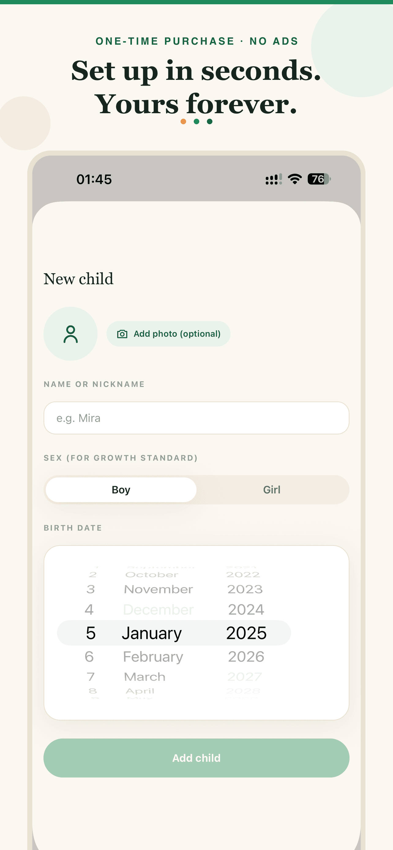 LittleGrowth new-child setup screen for name, sex, and birth date